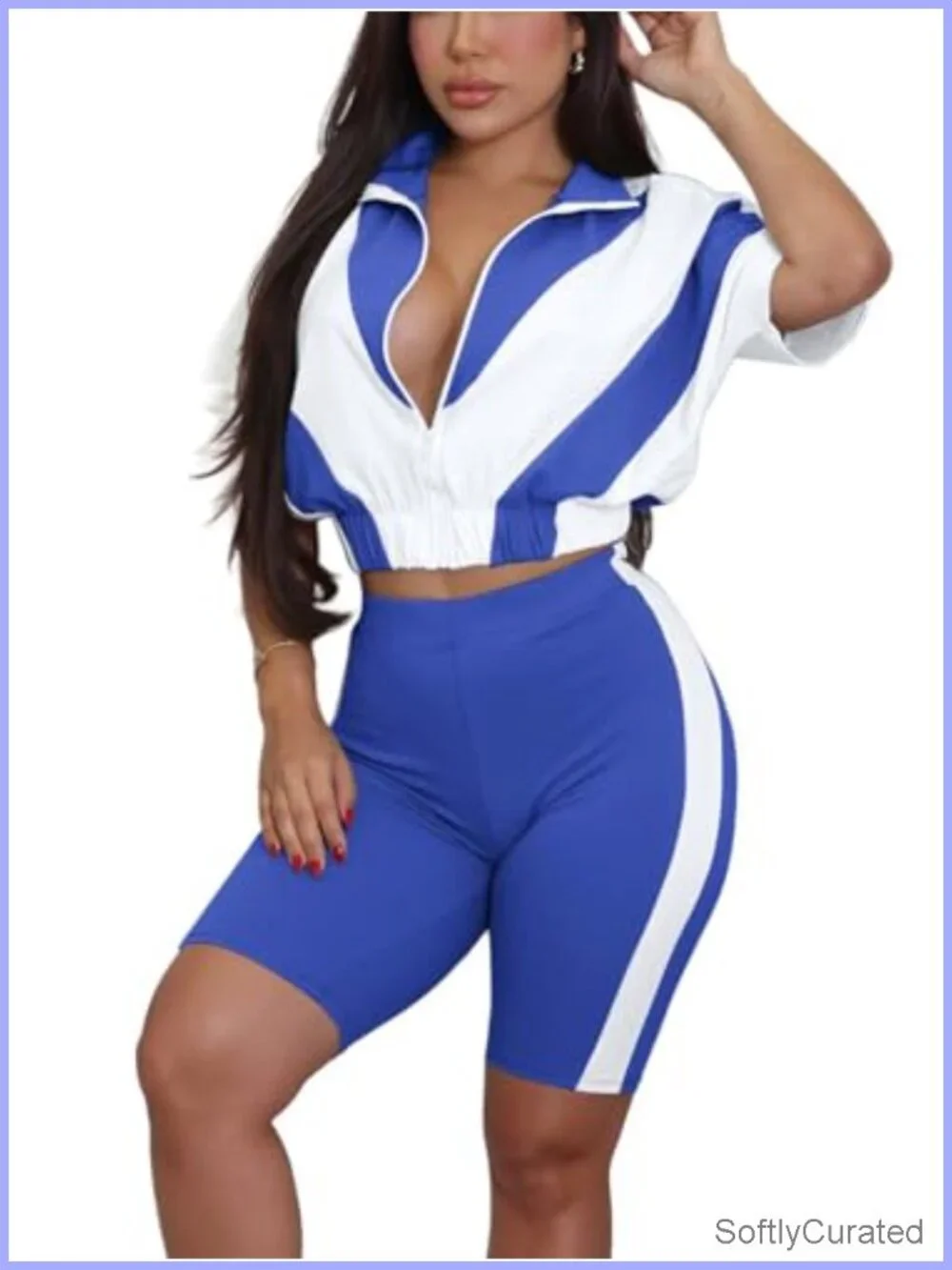 2 Piece Summer Tracksuit Color Block Short Sleeve Full Zip Cropped Jacket